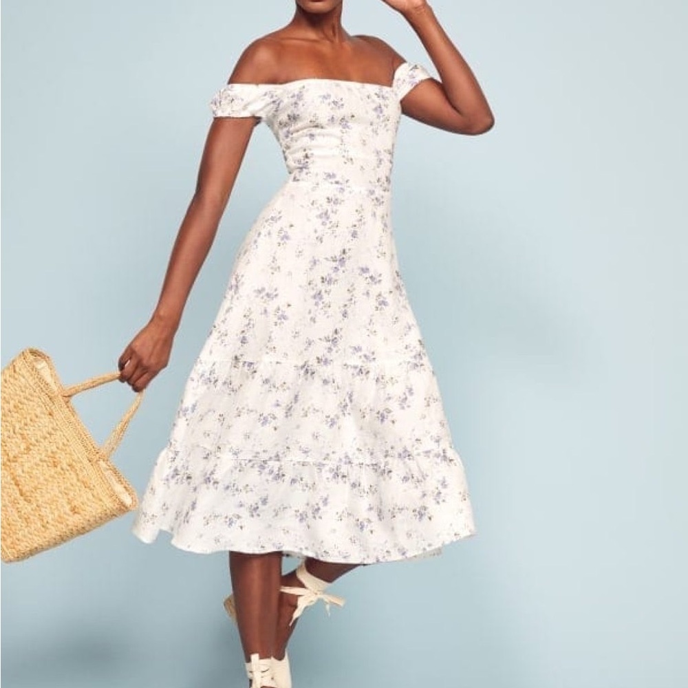 Reformation Toulouse White Floral Linen Midi Dress Cottagecore Bohemian Festival
